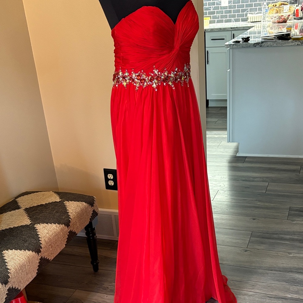 Dave & Johnny Strapless Red Gown with Embellishments